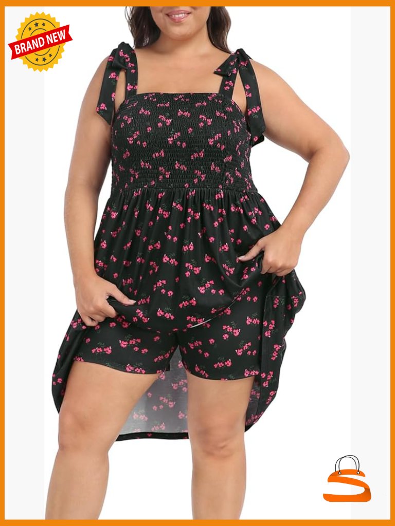 Plus Size Romper Dress With Built In Shorts & Pockets Tie Strap
